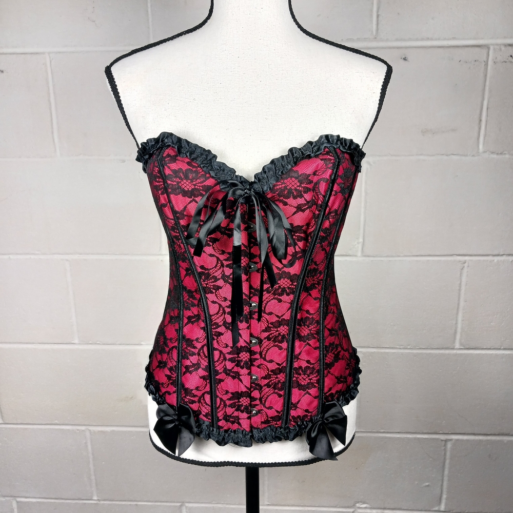 Corset Womens Sz M Red Satin Black Lace OverBust Waist Cincher‎ Structured